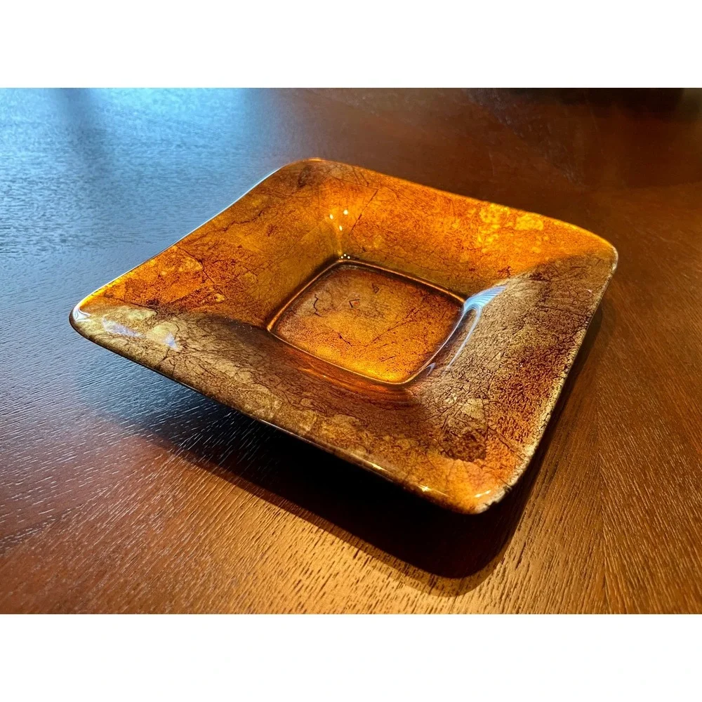 Vintage CIVE Italy Murano Gold Crackle Amber Art Glass Square Trinket Dish Tray